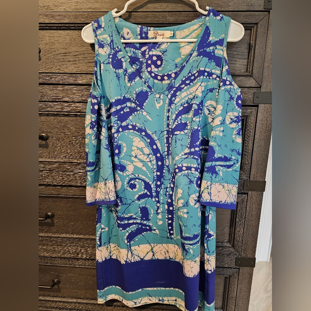 Aryeh | Open Shoulder Blue Abstract Above Knee Dress | Small